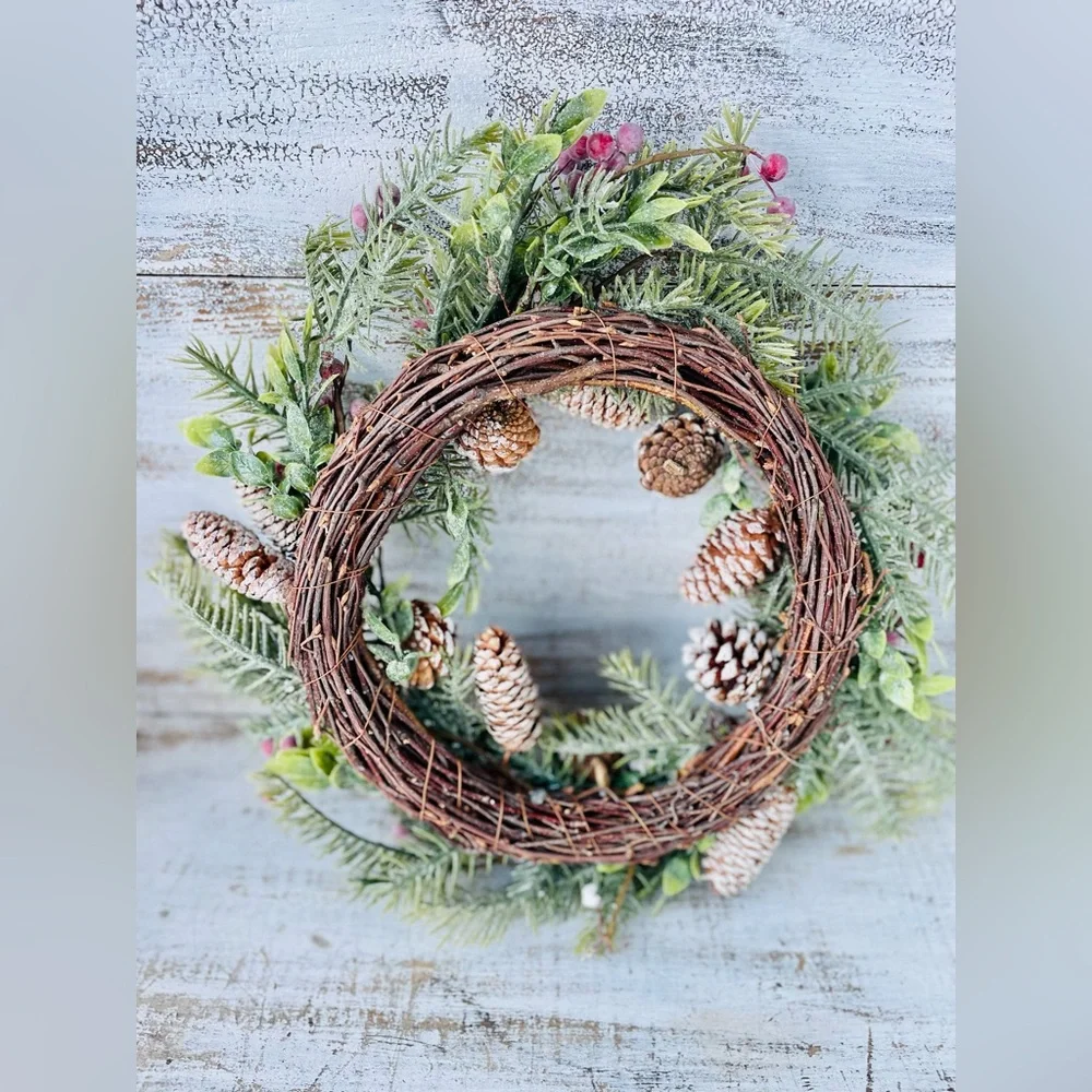 Frosty Cedar, Pinecone & Red Berry Wreath